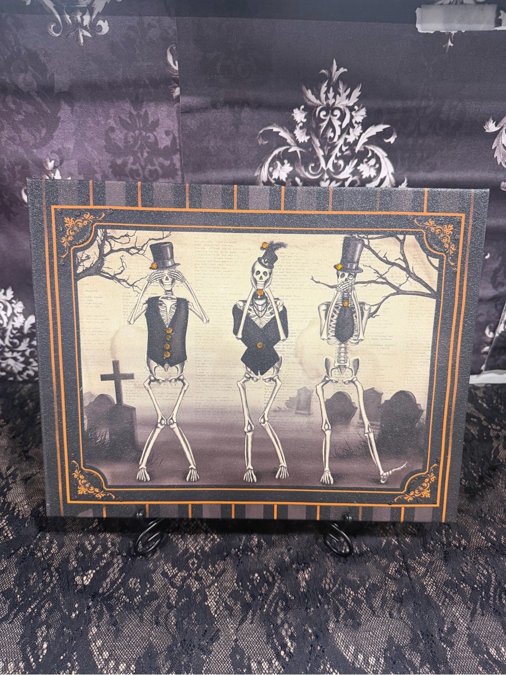Vintage Style Halloween Skeleton Canvas Wall Art Rhinestone Gothic Decor